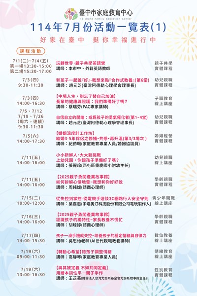 臺中市家庭教育中心114年7月份活動一覽表1