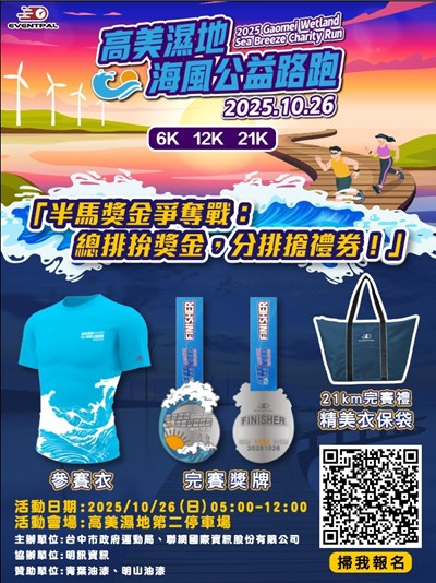 臺中市政府運動局與聯網國際資訊股份有限公司共同辦理「高美濕地海風公益路跑會」海報