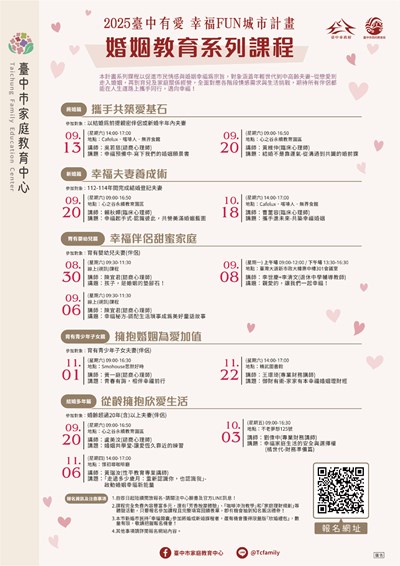 臺中市家庭教育中心「2025臺中有愛幸福FUN城市計畫」，推出婚姻教育系列課程活動海報1