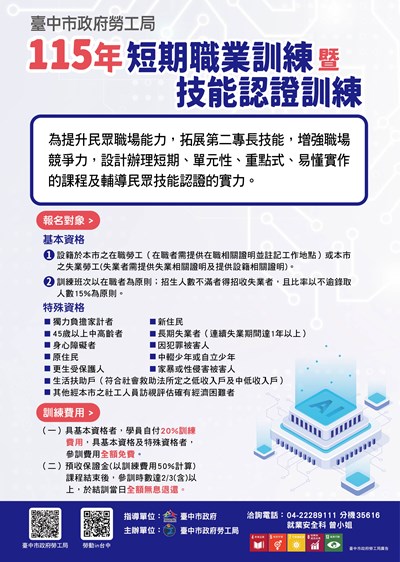臺中市政府勞工局辦理115年短期職業訓練暨技能認證訓練計畫開班海報
